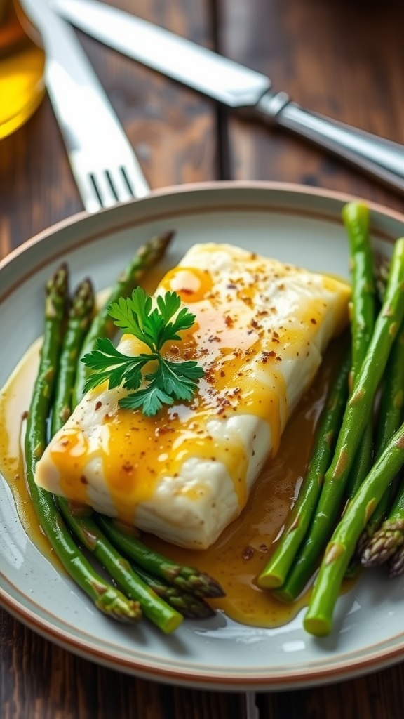 Garlic butter cod fillets served with asparagus, garnished with parsley on a rustic table.